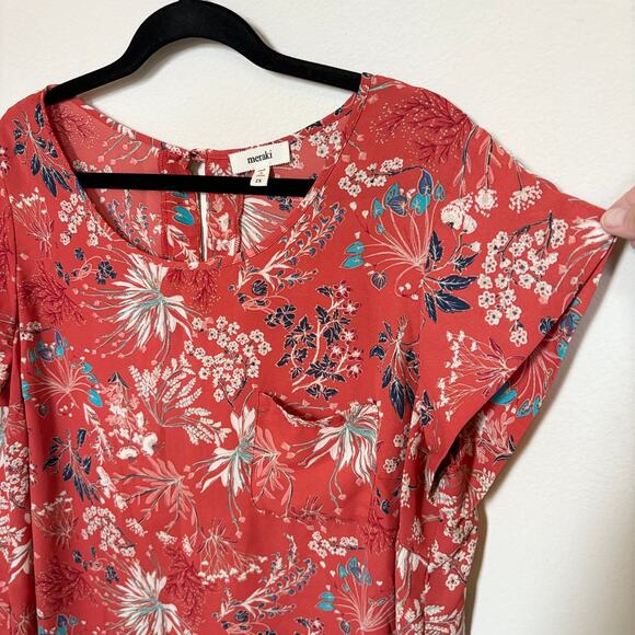 Meraki Womens Plus Size 2X Blouse Fall Floral Orange Top Cap Sleeve Keyhole Neck - Picture 3 of 11